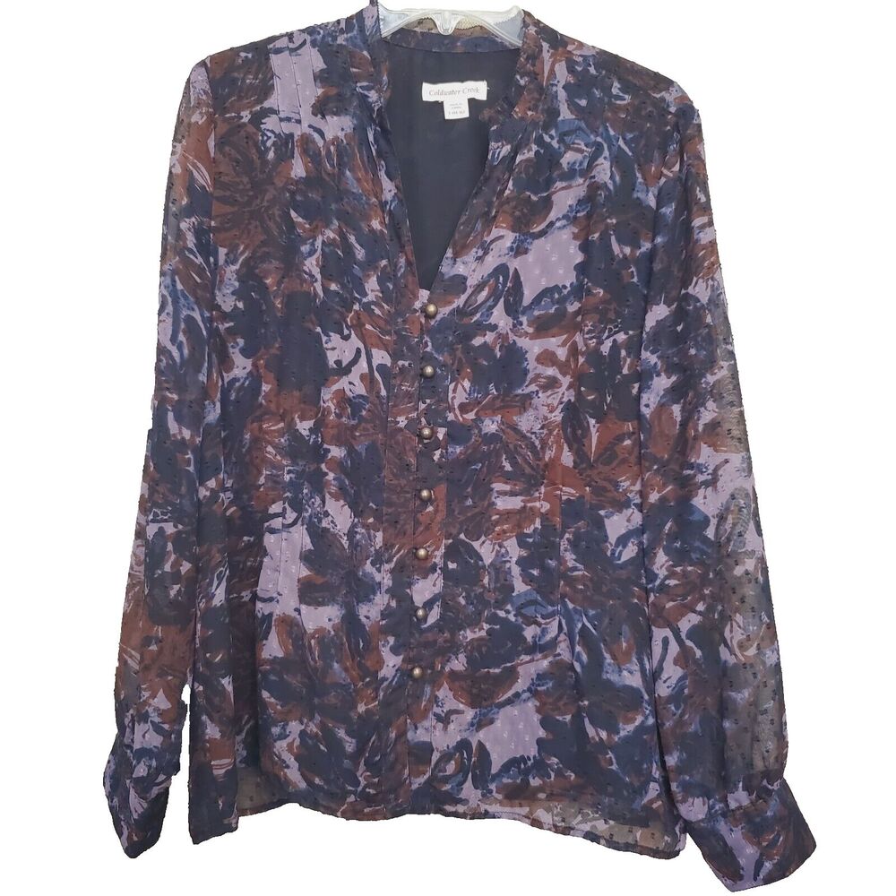 Coldwater Creek Swiss Dot Floral Semi-Sheer Lined Button-Up Blouse Size Large